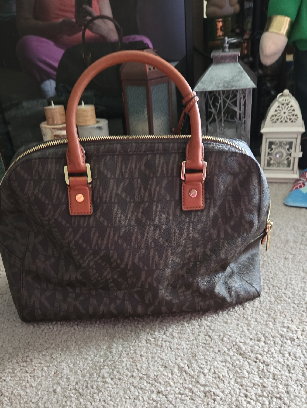 Michael Kors Dark Brown Leather Satchel with Tan Handles and Gold Hardware